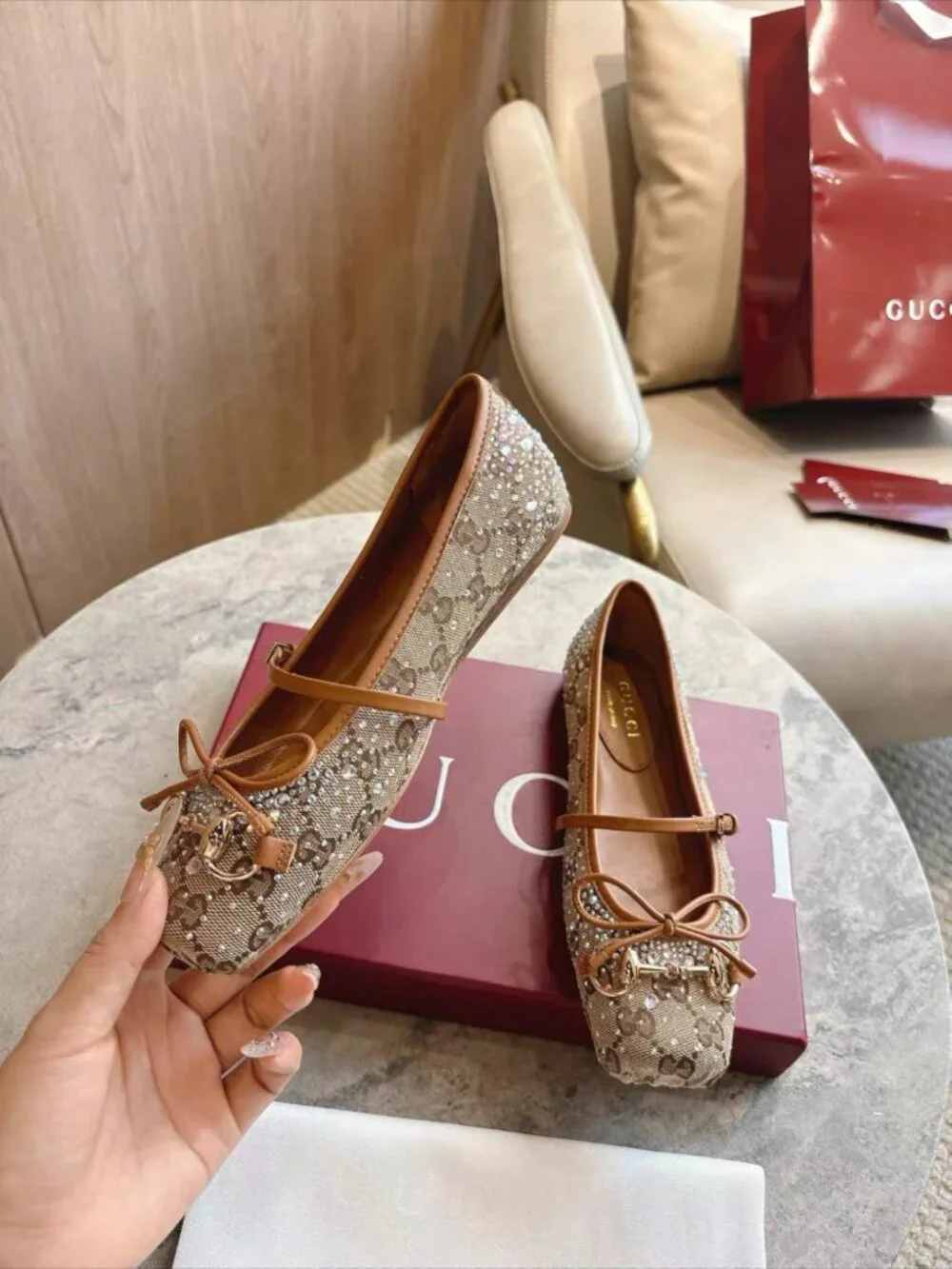 Gucci GG Crystal Mary Jane Ballet Flats